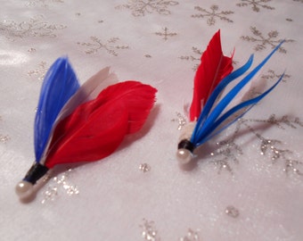 The OLYMPIC GAMES Collection.Fourth Tie Fly Feather Country Boutonniere Wedding Fish Accessory Red White Blue ButtonHole Flag July Pin Men