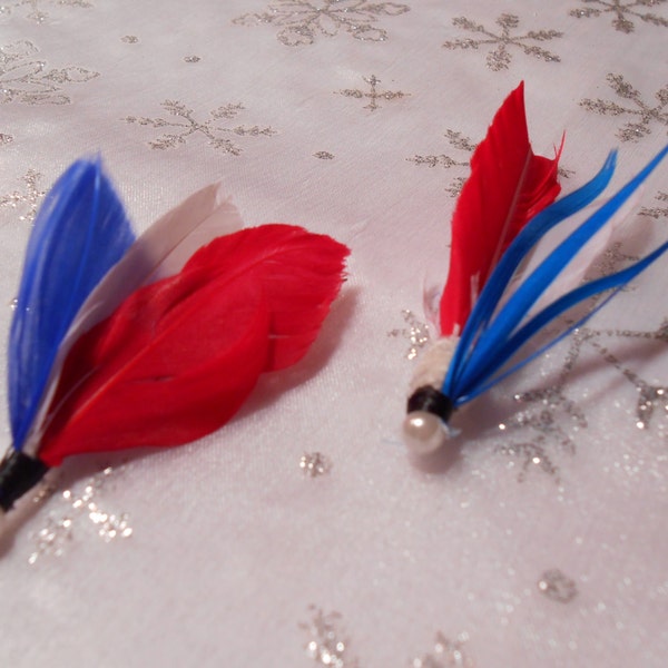 The OLYMPIC GAMES Collection.Fourth Tie Fly Feather Country Boutonniere Wedding Fish Accessory Red White Blue ButtonHole Flag July Pin Men