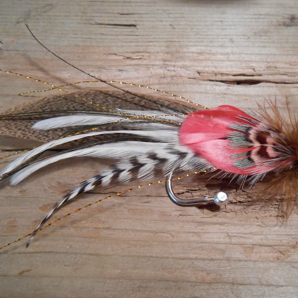 The EVANSTON Collection.Boutonniere Tie Fly Feather Fishing 1920s Pheasant ButtonHole Coral Gold Wedding Gift Groom Peacock Lure Lapel Pin