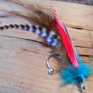 May include: A silver ear cuff with a turquoise and red feather earring. The feather is long and has a black and white pattern.