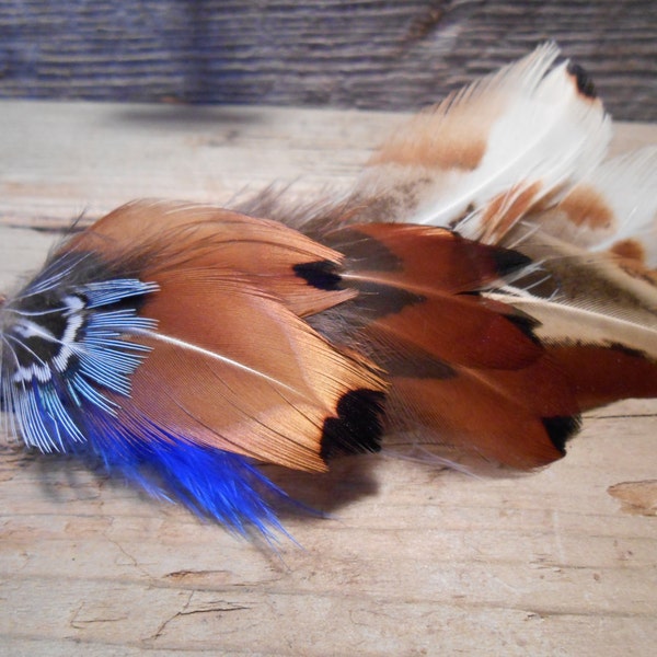 The WOODLAND Collection.Boutonniere Tie Fly Fishing ButtonHole Brown Blue Cream Pheasant Feather Wedding Groom Leather Autumn Groom Men Pin