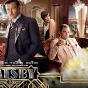 May include: A group of people in a lavishly decorated room, dressed in 1920s attire. The room features a large window with a view of a city skyline. The word "GATSBY" is prominently displayed in the foreground.