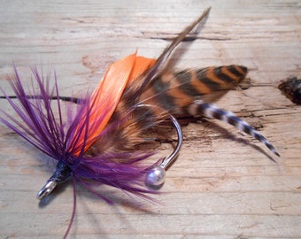 The GREAT GATSBY~HAMPTONS Collection.Tie Fly Boutonniere Fishing Wedding 1920 ButtonHole Vikings Purple Orange Pin Men Gift Pheasant Feather