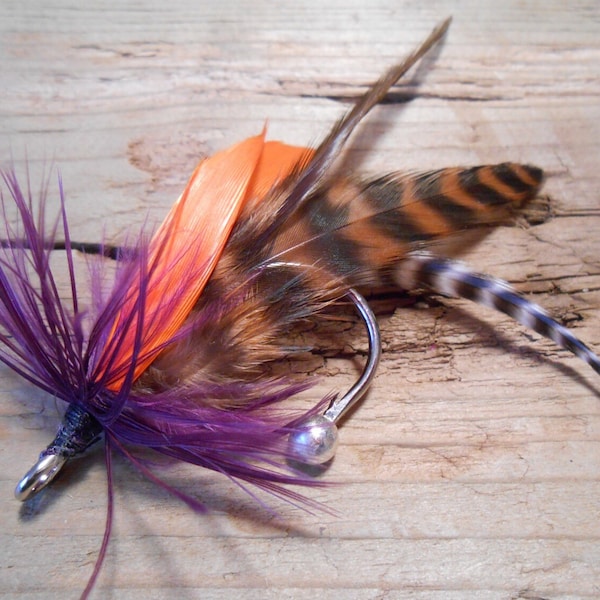 The GREAT GATSBY~HAMPTONS Collection.Tie Fly Boutonniere Fishing Wedding 1920 ButtonHole Vikings Purple Orange Pin Men Gift Pheasant Feather