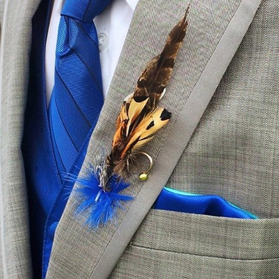 The SOUTH LAKE Collection.tie Fly Boutonniere Fishing Pheasant Feather  Buttonhole Navy Grey Cobalt Purple Blue Duck Wedding Lodge Pin Groom 
