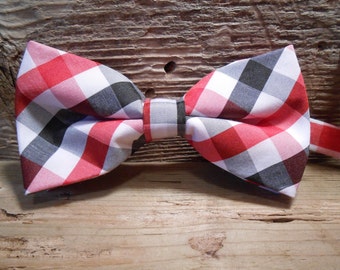 COUNTRY PLAID Collection Bow Tie.Fishing Tie Fly Boutonniere Feather Derby Neck Men Wedding Club Frat Fair Polo Red Black Check Barn Farm