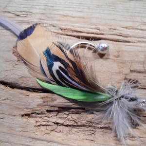 The DONEGAL BAY Collection.Boutonniere Tie Fly Downton Abbey Fly Fishing ButtonHole Pheasant Green Grey Irish Groom Wedding Feather Ireland image 1