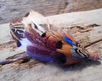 The LAKE MICHIGAN Collection.Boutonniere Tie Fly Fishing ButtonHole Orange Blue Pheasant Feather Wedding Groom Leather Fall Plum Pin Men Pin