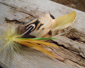 The CHAMPAGNE GOLD Collection.Boutonniere Tie Fly Downton Abbey Fish ButtonHole Pheasant Green Greenery Irish Groom Wedding Feather Ireland