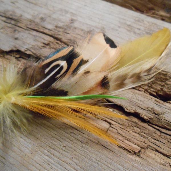 The CHAMPAGNE GOLD Collection.Boutonniere Tie Fly Downton Abbey Fish ButtonHole Pheasant Green Greenery Irish Groom Wedding Feather Ireland