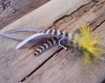 The EAGLE LAKE Collection.Tie Fly Boutonniere ButtonHole Wedding Pin Pheasant Feather Yellow Grey Summer Mountain Gift Men Hook Outdoor Lure