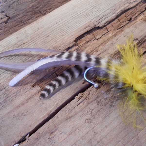 The EAGLE LAKE Collection.Tie Fly Boutonniere ButtonHole Wedding Pin Pheasant Feather Yellow Grey Summer Mountain Gift Men Hook Outdoor Lure