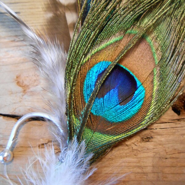 The GREAT GATSBY~PEACOCK Collection.Tie Fly Boutonniere Fishing Wedding Groom ButtonHole Peacock Feather 1920 White Green Blue Gift Pheasant