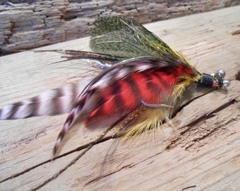 The WINTERGREEN Collection.Tie Fly Boutonniere Wedding Eye ButtonHole Lapel Rainbow Fish Men Gift Pheasant Feather BWCA North Camp Groom Pin