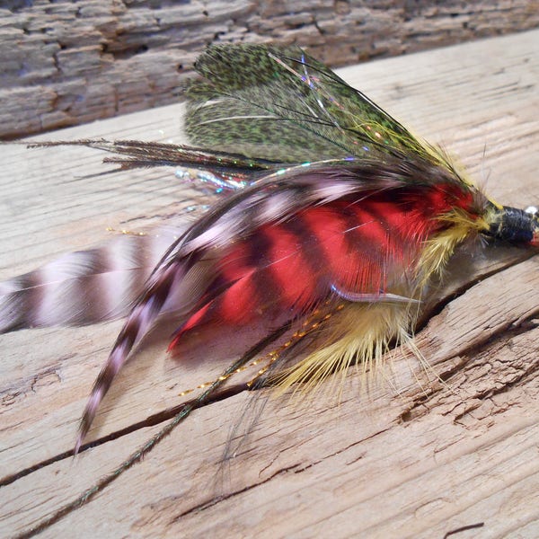 The WINTERGREEN Collection.Tie Fly Boutonniere Wedding Eye ButtonHole Lapel Rainbow Fish Men Gift Pheasant Feather BWCA North Camp Groom Pin