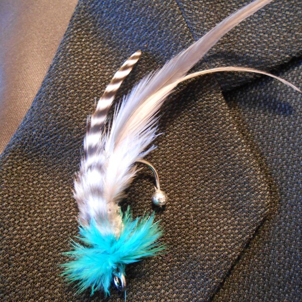 The IDAHO Collection.TIE FLY Boutonniere ButtonHole Wedding Pin Pheasant Feather Teal Gray Summer Mountain Gift Men Hook Rustic Outdoor Lure