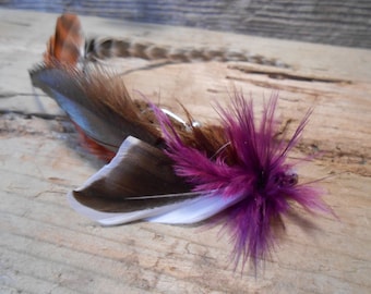 The HUDSON Collection.Tie Fly Boutonniere Fishing Wedding 1920 ButtonHole Vikings Purple Brown Copper Men Gift Pheasant Feather Gatsby Lapel