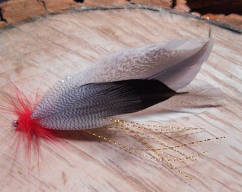 The HAWTHORNE Collection.Boutonniere Black Tie Fly Flash Lake Fish ButtonHole Gold Red Pheasant Grey Groom Superior Wedding Feather Silver