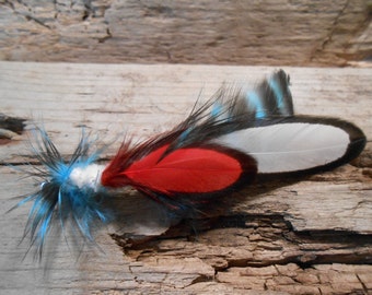 The OTTER LAKE Collection.Boutonniere Black Tie Fly Olympic Fish Lapel Blue Red White Pheasant Groom Stripe Wedding Feather Silver Prom Pin