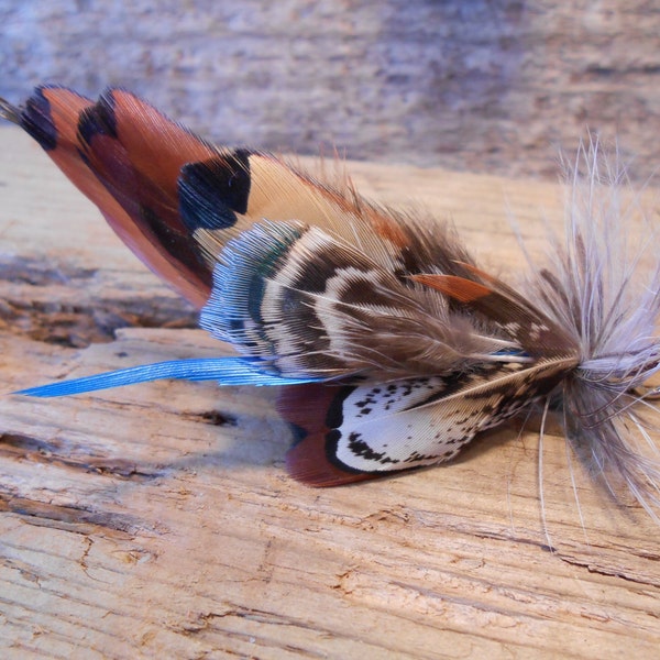 The PHEASANT BAY Collection.ButtonHole Tie Fly Fish Boutonniere Wedding Royal Pheasant Feather Brown Cobalt Blue Rustic Fall Groom Men Hook