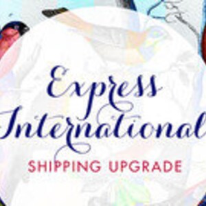 May include: Express International Shipping Upgrade. A white circle with blue text on a background of colourful birds.