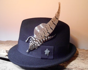 The DOWNTON ABBEY FEDORA Collection.Tie Fly Boutonniere Hunt Black Hat Fish Wedding Groom Pheasant Feather Tartan Turkey Wool 1920 Men Gift