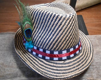 The HOUNDSTOOTH FEDORA Collection.Tie Fly Boutonniere Hook Pin Hat Fishing Wedding Olympics Peacock Feather Polo Derby Straw 1920s Fly Gift