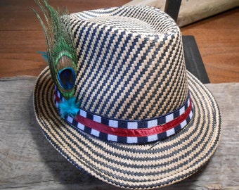 The HOUNDSTOOTH FEDORA Collection.Tie Fly Boutonniere Hook Pin Hat Fishing Wedding Olympics Peacock Feather Polo Derby Straw 1920s Fly Gift
