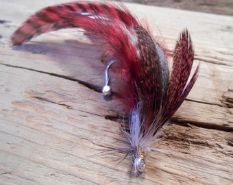 The MARSALA Collection.Boutonniere Tie Fly Feather Fishing 1920s Pheasant ButtonHole Red Wine Gold Wedding Gift Groom Peacock Lure Lapel Pin