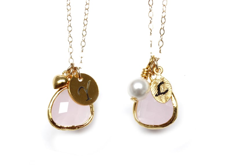 Ice Pink Necklace Pink Bridesmaids Necklace Hand Stamped Initial Necklace Blush Stone Necklace Gold Pink Bridesmaid Customizable
