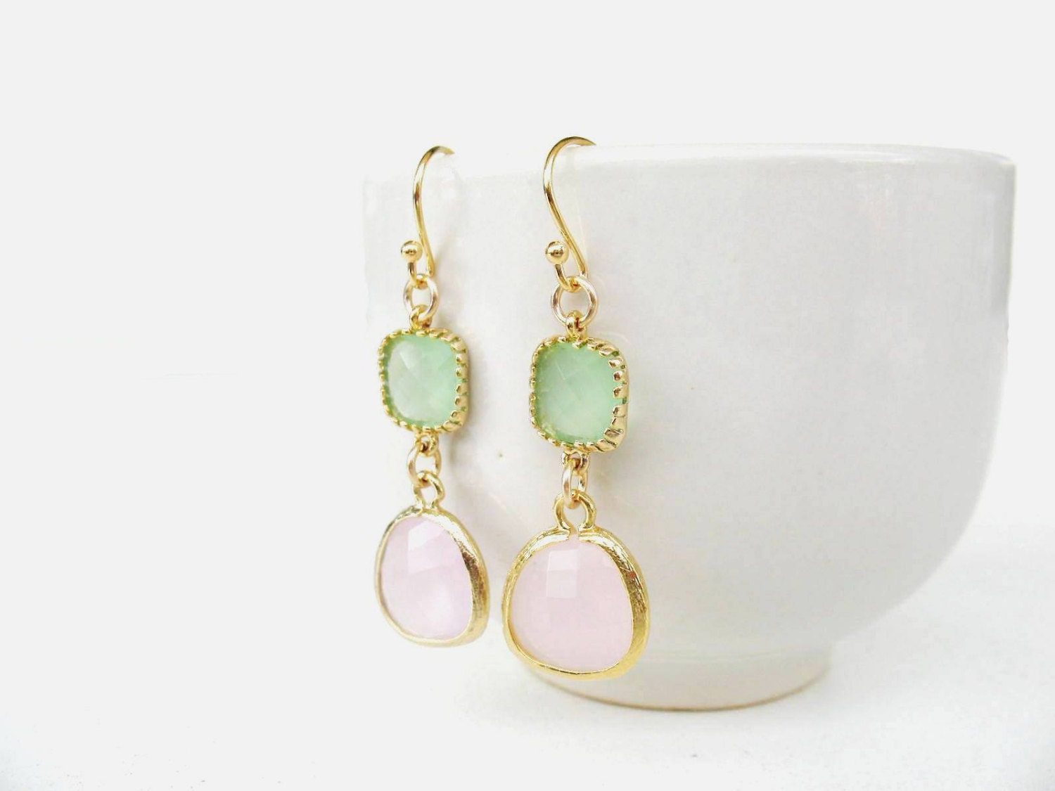 Mint and pink earrings. Framed stone earrings. Mint glass Etsy
