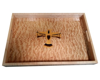 May include: A rectangular wooden serving tray with a natural wood finish and a bird inlay in the center. The bird is made of wood and painted in shades of yellow, brown, and black.