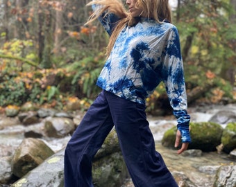 Indigo Blue Wool Sweater, Hand-Dyed, Merino Wool Crop Top with Fingerless Gloves