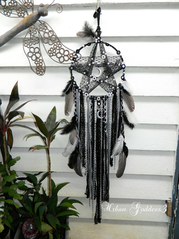Dark Moon Wall Hanging Dream Catcher Star Black White Silver Pagan Wall Hanging Wiccan Decor Sweet Dreams And Day Dreams