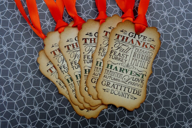 Puede incluir: Un conjunto de etiquetas de regalo con tem&aacute;tica de Acci&oacute;n de Gracias con cintas naranjas. Las etiquetas son de color beige con un borde decorativo y presentan las palabras "Give Thanks", "Harvest" y otras palabras oto&ntilde;ales.