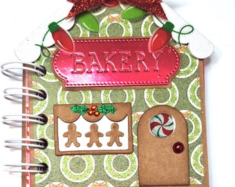 Gingerbread Bakery Christmas Mini , Chunky Journal, Cinch Bound Journal, Junk Journal, Memory Journal,  Mini Book, Christmas Journal