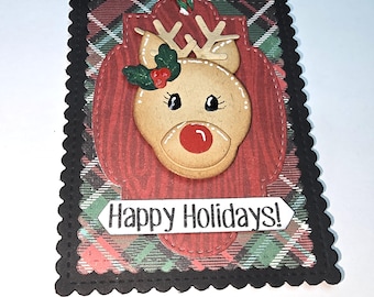 Reindeer Tag -- Hand made tag -- Christmas Tag -- Gift Tag -- Hand pieced Tag -- Holiday Tag --Happy Holidays Reindeer Tag