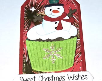 Snowman Popping out of Cupcake Tag. Snowman  Tag, Christmas Tag, Handmade Tag