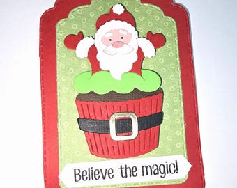 Santa Popping out of Cupcake Tag. Santa Tag, Christmas Tag, Handmade Tag