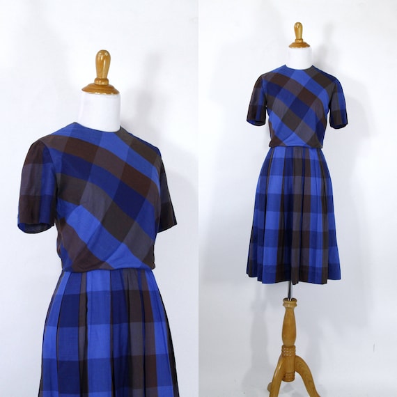 Vintage 1960s Dress | 50s 60s Blue and Brown Fall