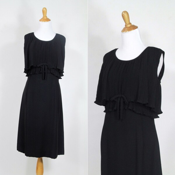 Vintage 1960s Dress | 60s Pleated Crepe Cocktail Dress | Little Black Dress | L XL