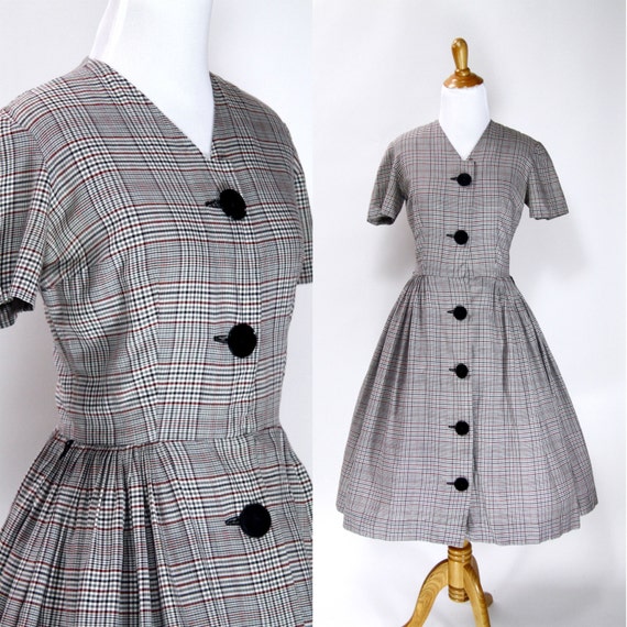 Vintage 1950s Dress | 50s Plaid Print Cotton Day D
