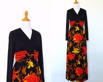 Vintage 1970s Dress | 70s Floral Sequined Maxi Dress | Red and Black | Small S