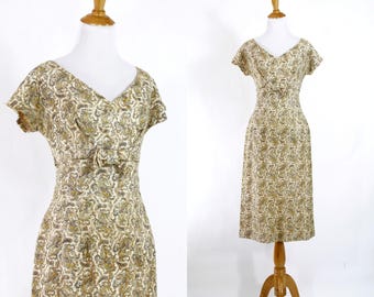 Vintage 1950s Dress | 50s Lace Wiggle Dress with Bow | Brown Yellow and Cream Party Dress | M L