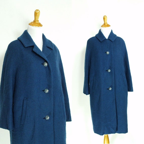 Vintage 1950s Coat | 50s 60s Teal Blue Wool Boucl… - image 1