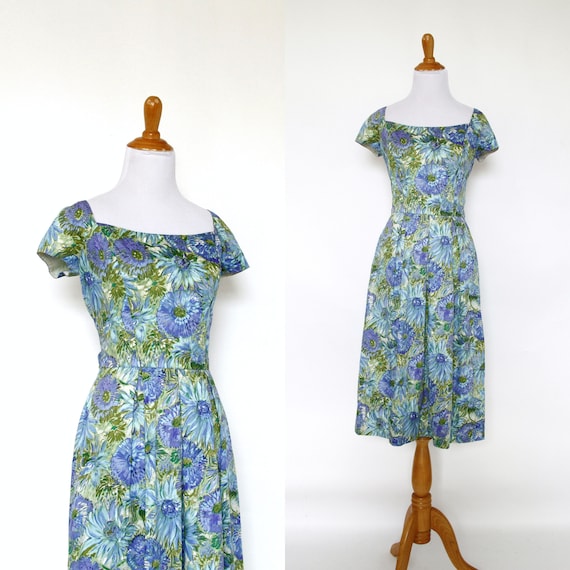 Vintage 1950s Dress | 50s Polished Cotton Floral … - image 1