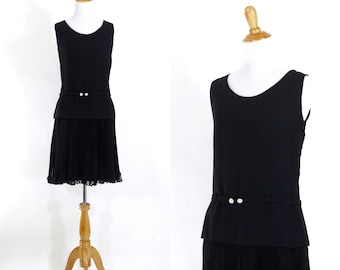 Vintage 1960s Dress | 60s Little Black Dress with Pleated Chiffon and Dropped Waist | Medium M