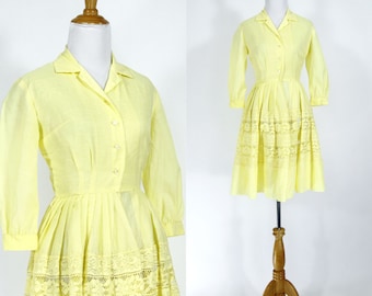 Vintage 1960s Dress | 50s 60s Sheer Yellow Shirtwaist Dress with Lace | Extra Small XS