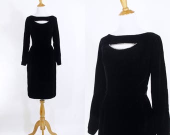 Vintage 1950s Dress | 50s 60s Rhinestone Cutout Black Velvet Wiggle Dress | Party Dress | XS S