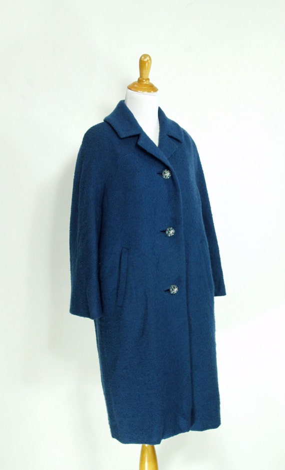 Vintage 1950s Coat | 50s 60s Teal Blue Wool Boucl… - image 3